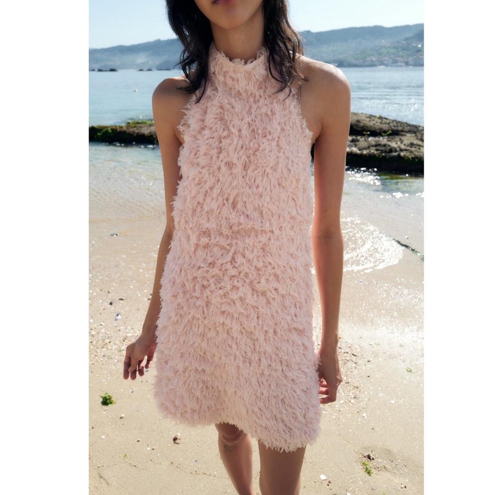 Zara FEATHERY KNIT HALTER DRESS
